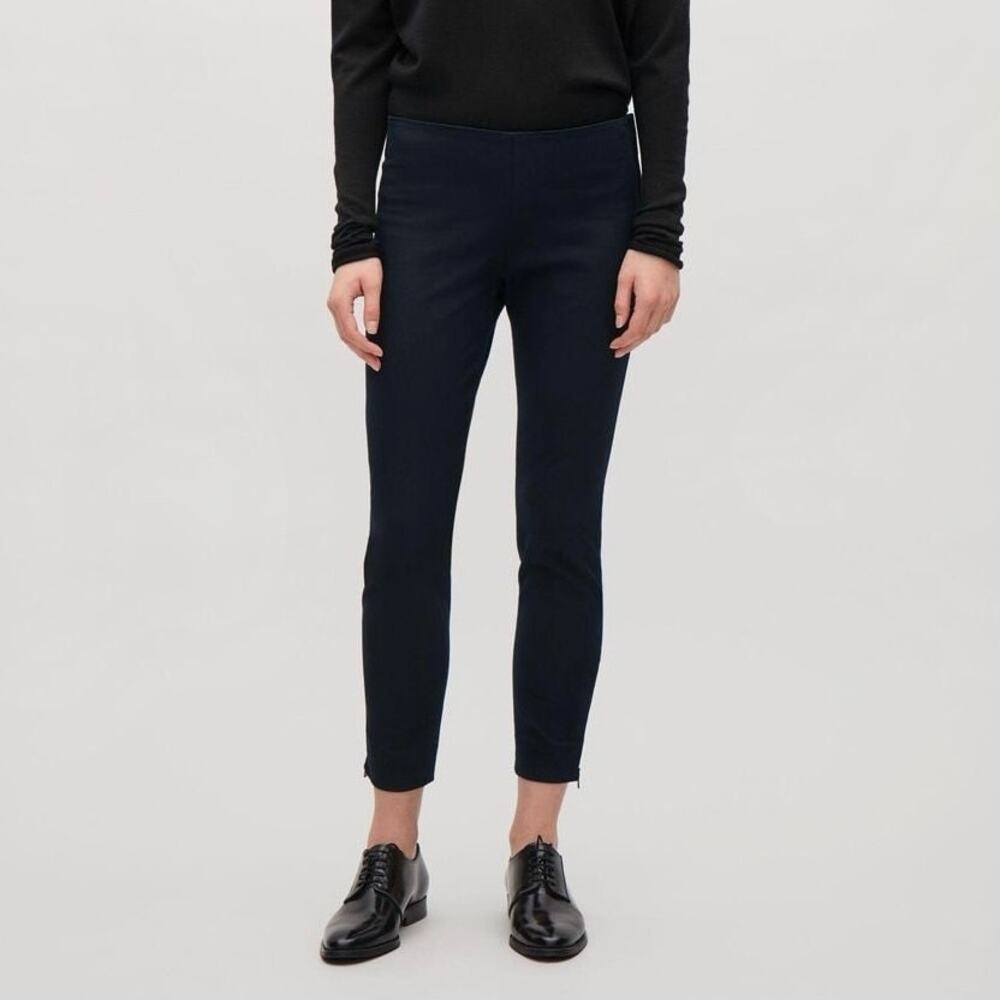 COS Slim-Fit Zip Hem Cotton Stretch Minimalist Office Navy Blue Trousers EUC 12